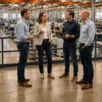 © RKW Bayern / Bild erstellt mit ChatGPT Kleine Gruppe von Führungskräften in einer Produktionshalle.